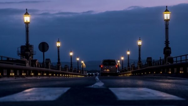 street lamps at dusk